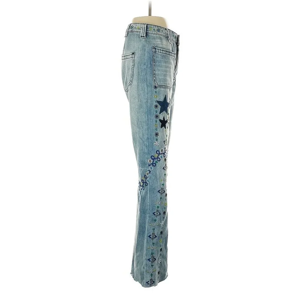 Free People Embroidered Denim Star & Floral Flared Leg High Rise Jeans | Boho 25 - Picture 4 of 16